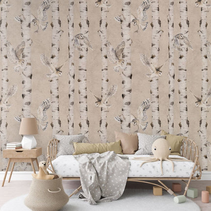 Birch and Owls - Beige