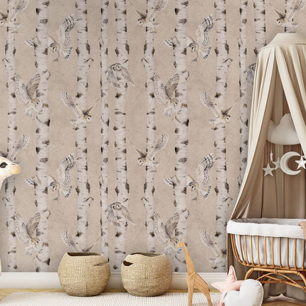 Birch and Owls - Beige