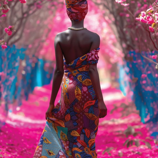 African Goddess Walking in Cherry Blossom