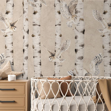 Birch and Owls - Beige